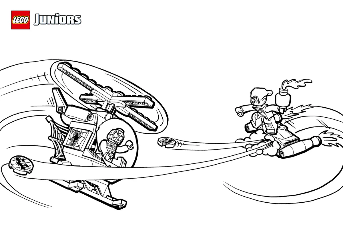 Ausmalbild Lego Spider-Man und Green Goblin Hubschrauber zum Ausdrucken