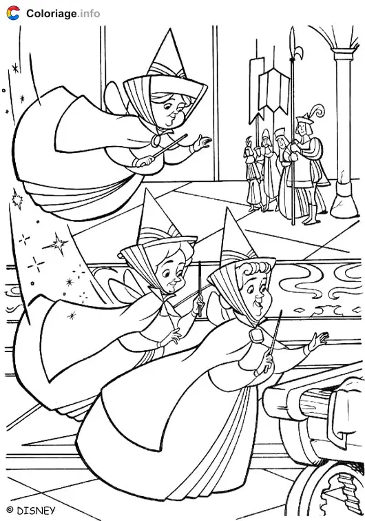 Coloriage Les 3 fees Flora Paquerette et Pimprenelle - La Belle au bois dormant à imprimer