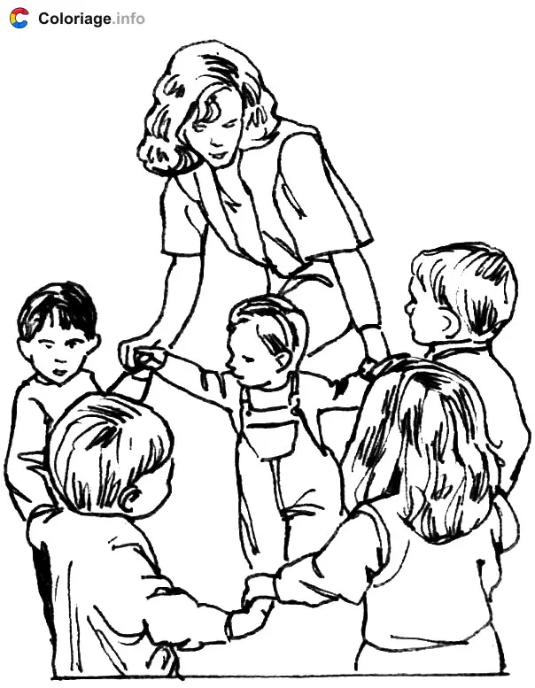 Coloriage Les eleves forment une ronde - Rentrée scolaire à imprimer