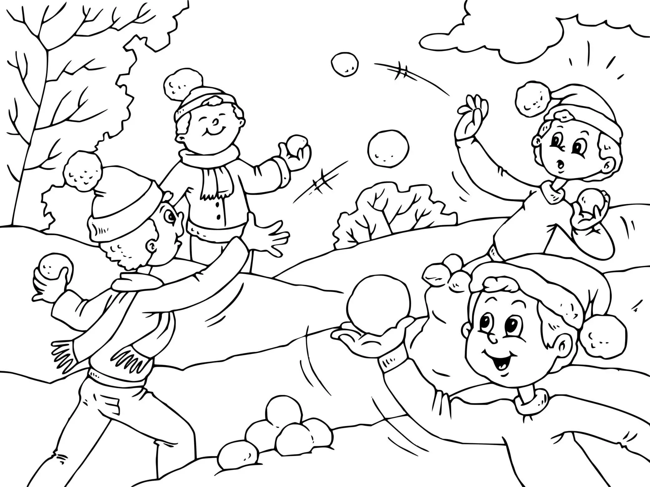 Coloriage Les Enfants Jouent A La Bataille De Neige En Hiver - Hiver à imprimer