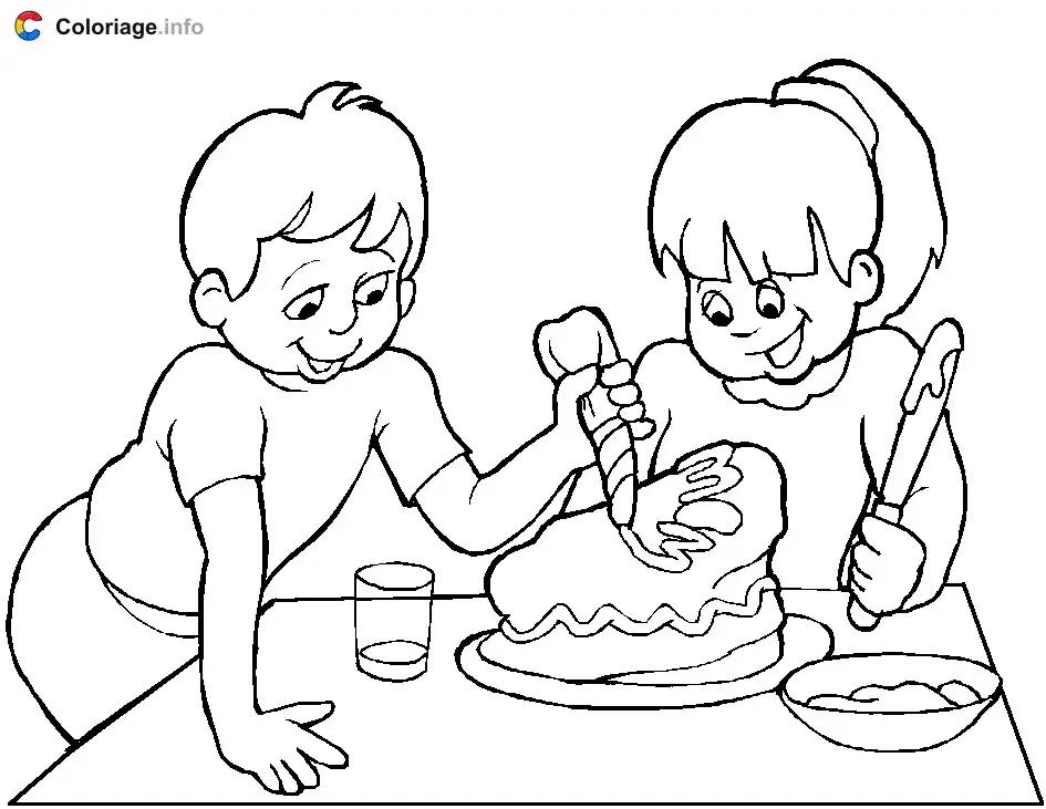 Kids Baking a Cake coloring page to print