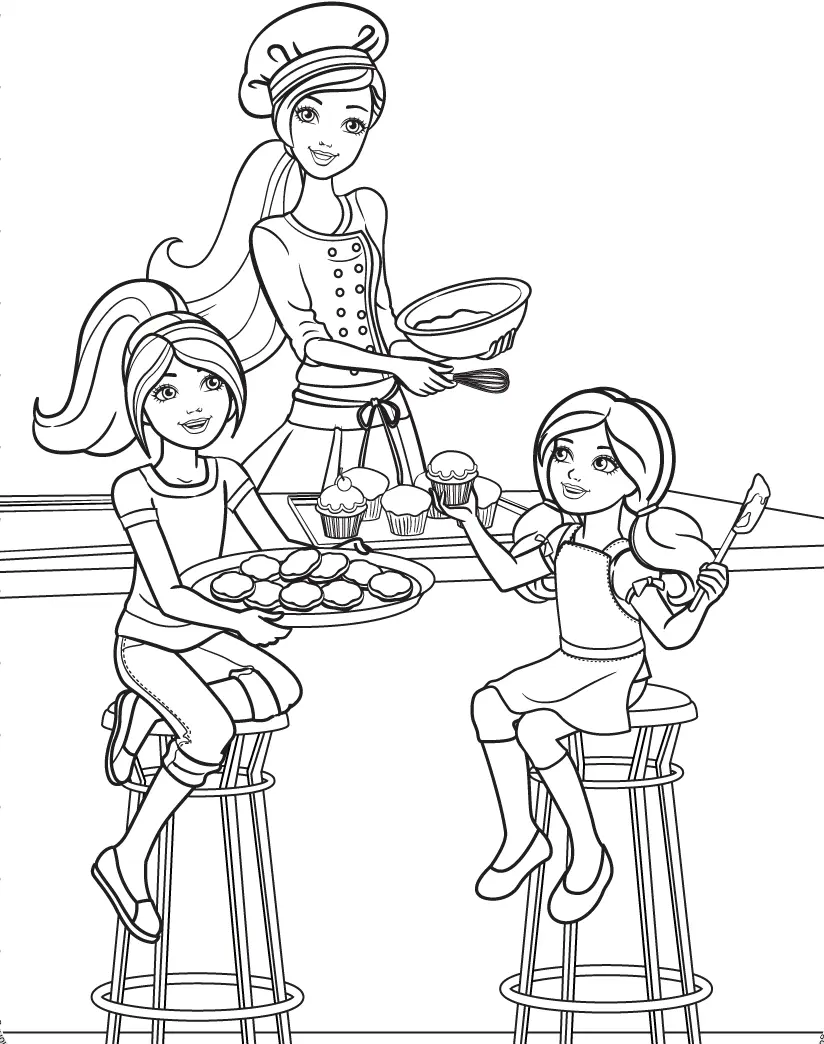 Coloriage Les Filles Preparent Des Cupcakes Pour Un Anniversaire - Barbie à imprimer