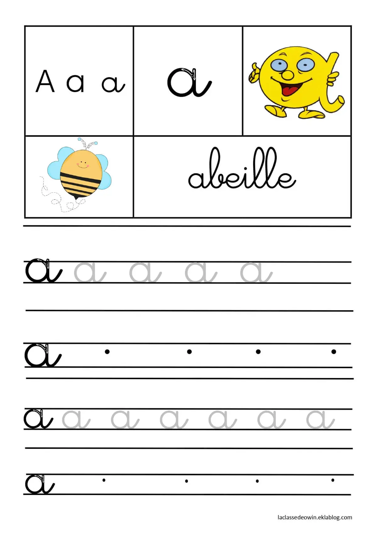 Cursive Letter A for Bee – Kindergarten Handwriting coloring page to print