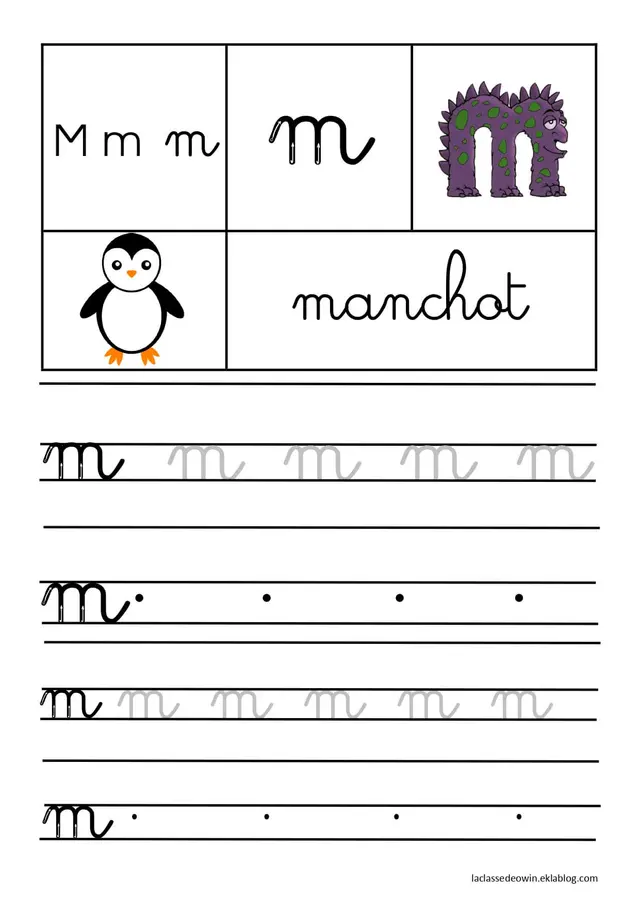 Kleurplaat Letter M van Manchot in Schrijfletters om te printen