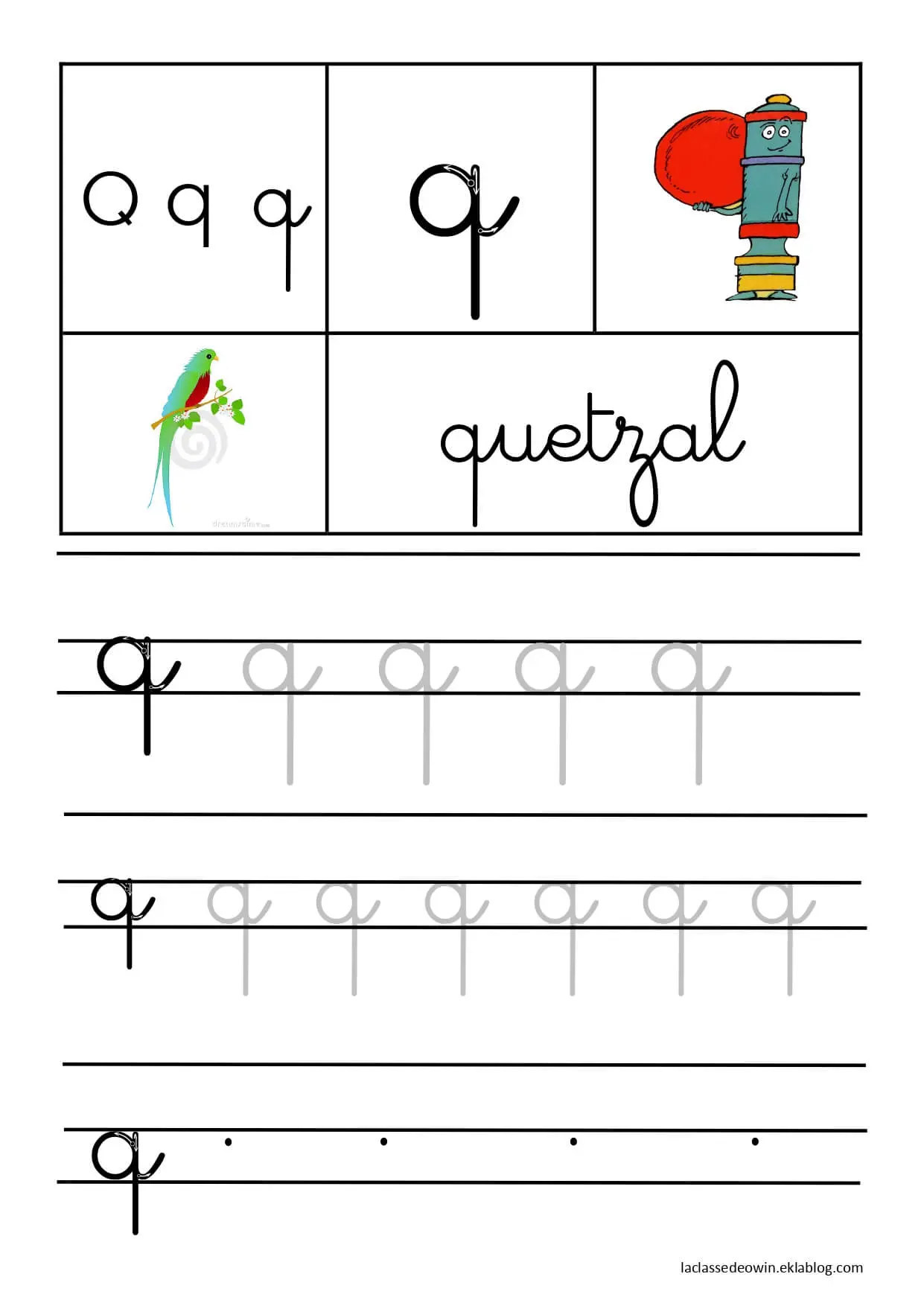 Coloriage Lettre Q Pour Quetzal Écriture Cursive Gs - Écriture cursive à imprimer
