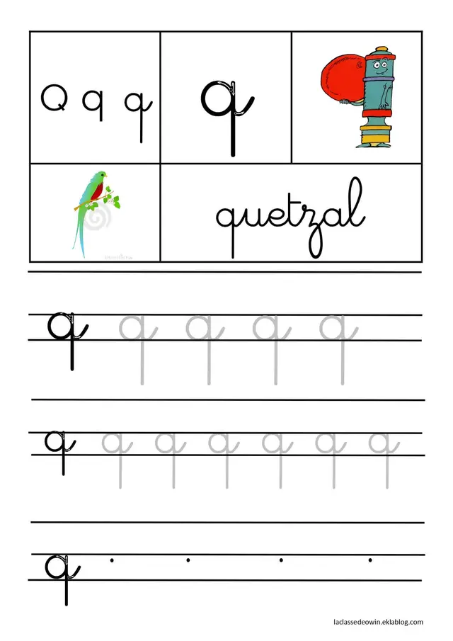 Kleurplaat Letter Q van Quetzal – Schrijfletters Cursief om te printen