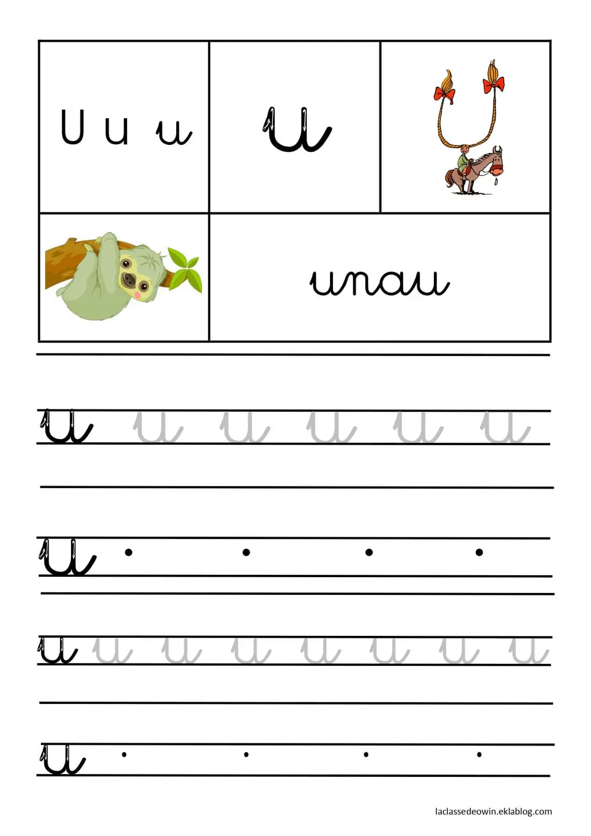 Cursive Letter U – Two-Toed Sloth coloring page to print