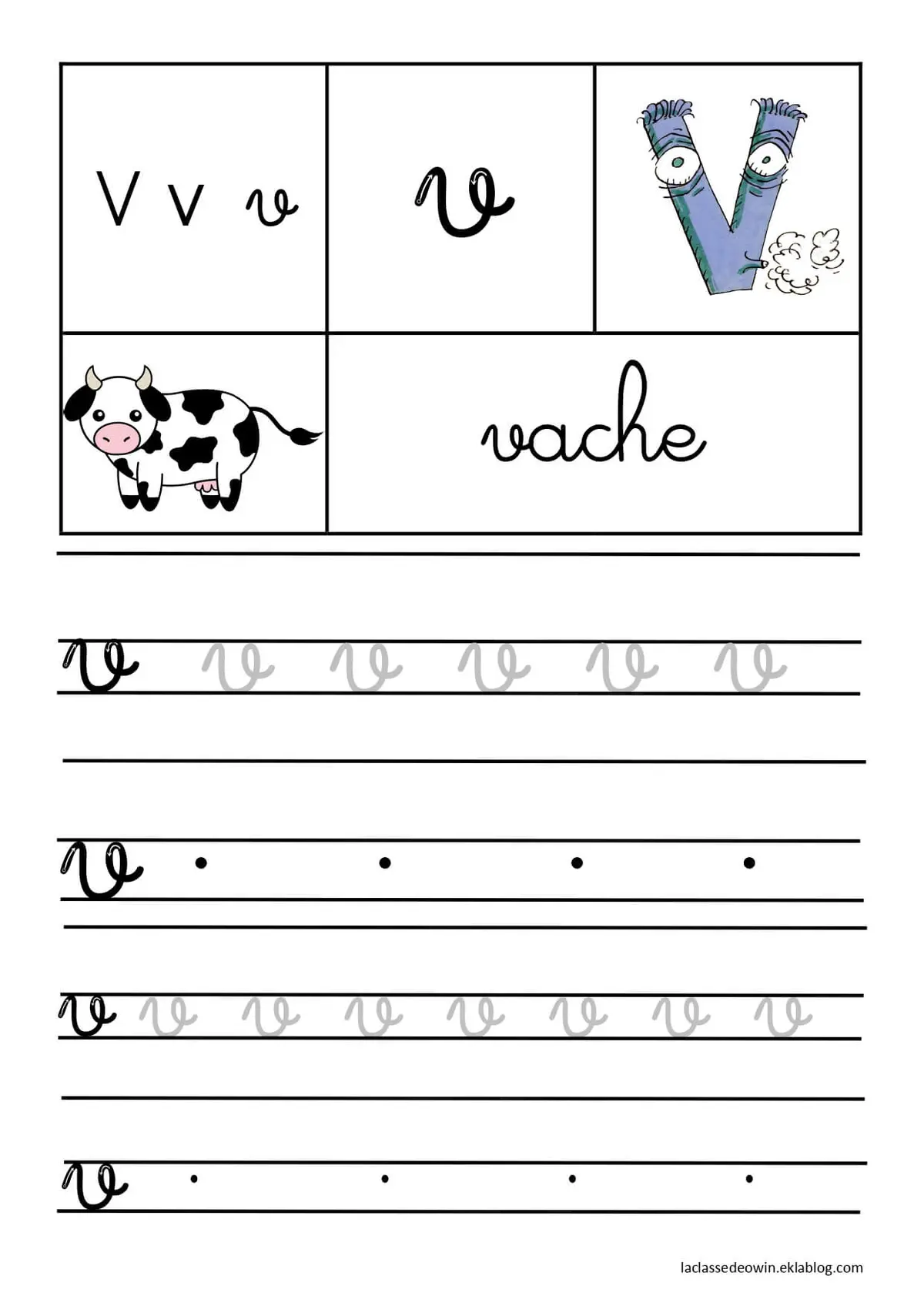 Cursive Letter V for Vache (Cow) coloring page to print
