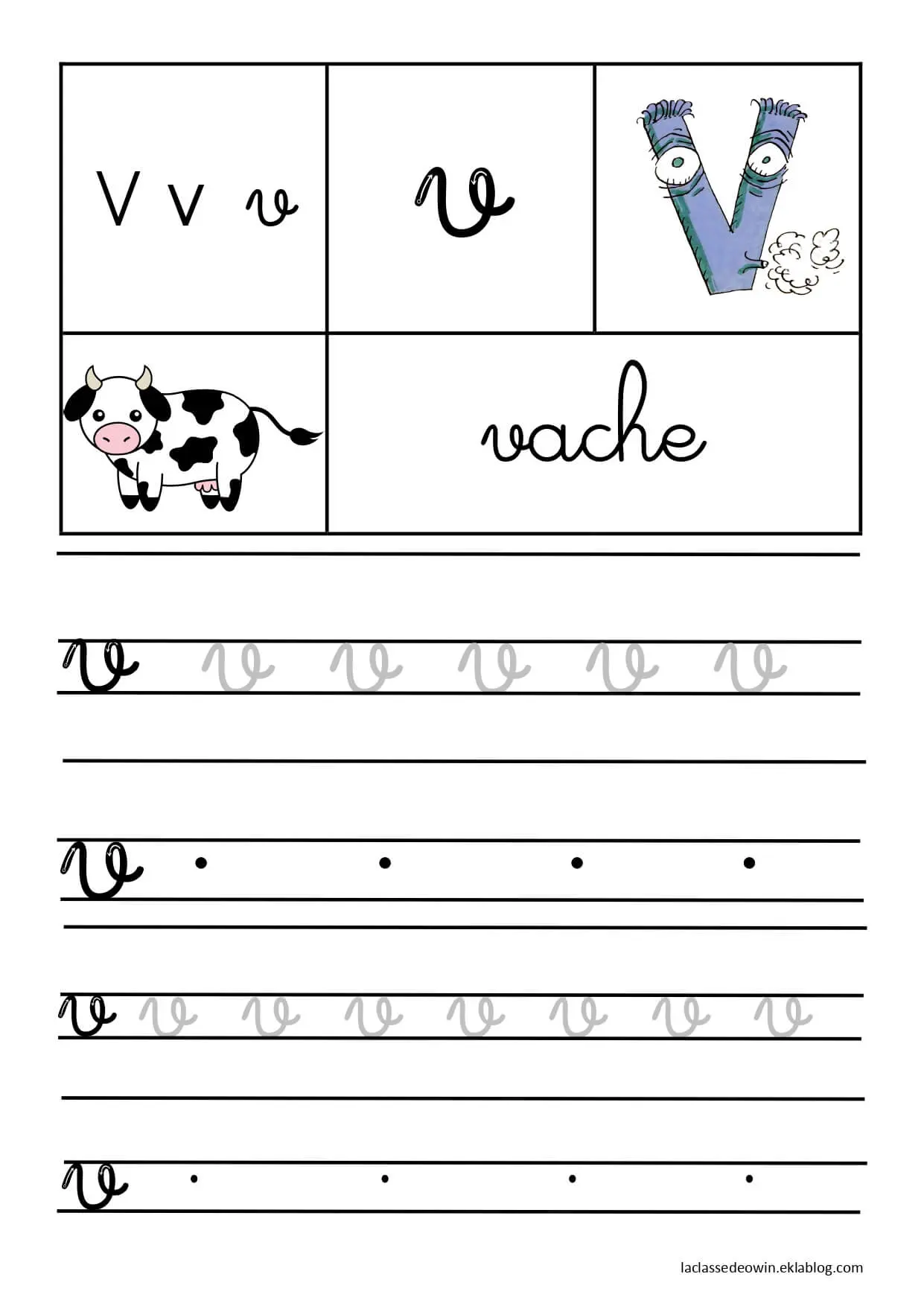 Coloriage Lettre V Pour Vache Écriture Cursive Gs - Écriture cursive à imprimer