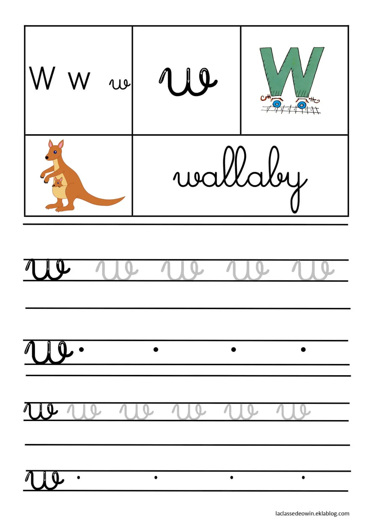 Cursive Letter W for Wallaby coloring page to print