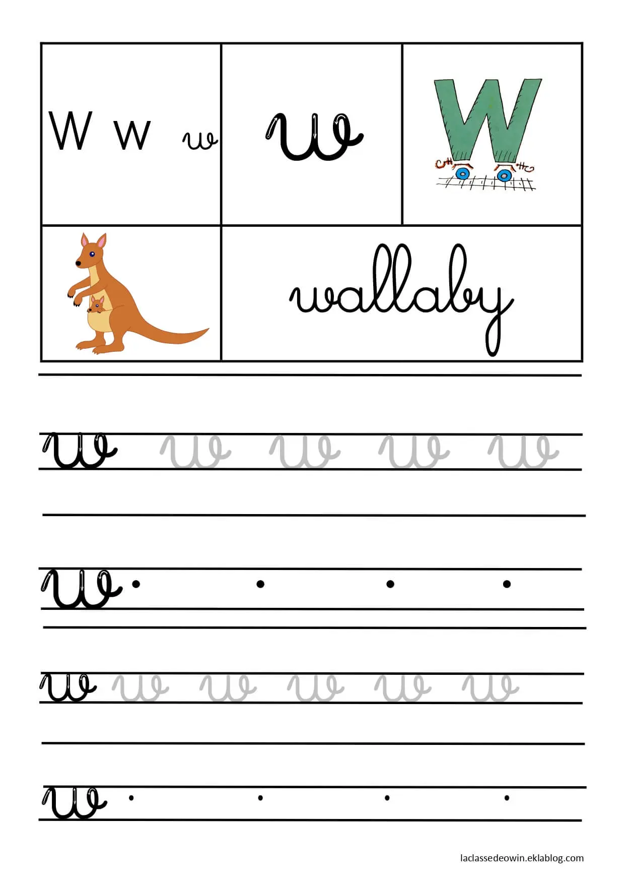 Coloriage Lettre W Pour Wallaby Écriture Cursive Gs - Écriture cursive à imprimer