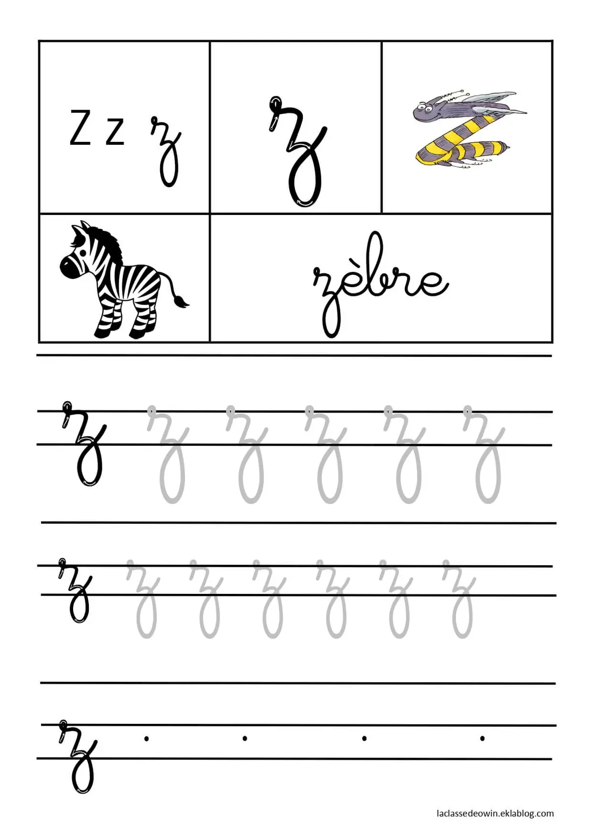 Cursive Letter Z for Zebra – Kindergarten Practice coloring page to print