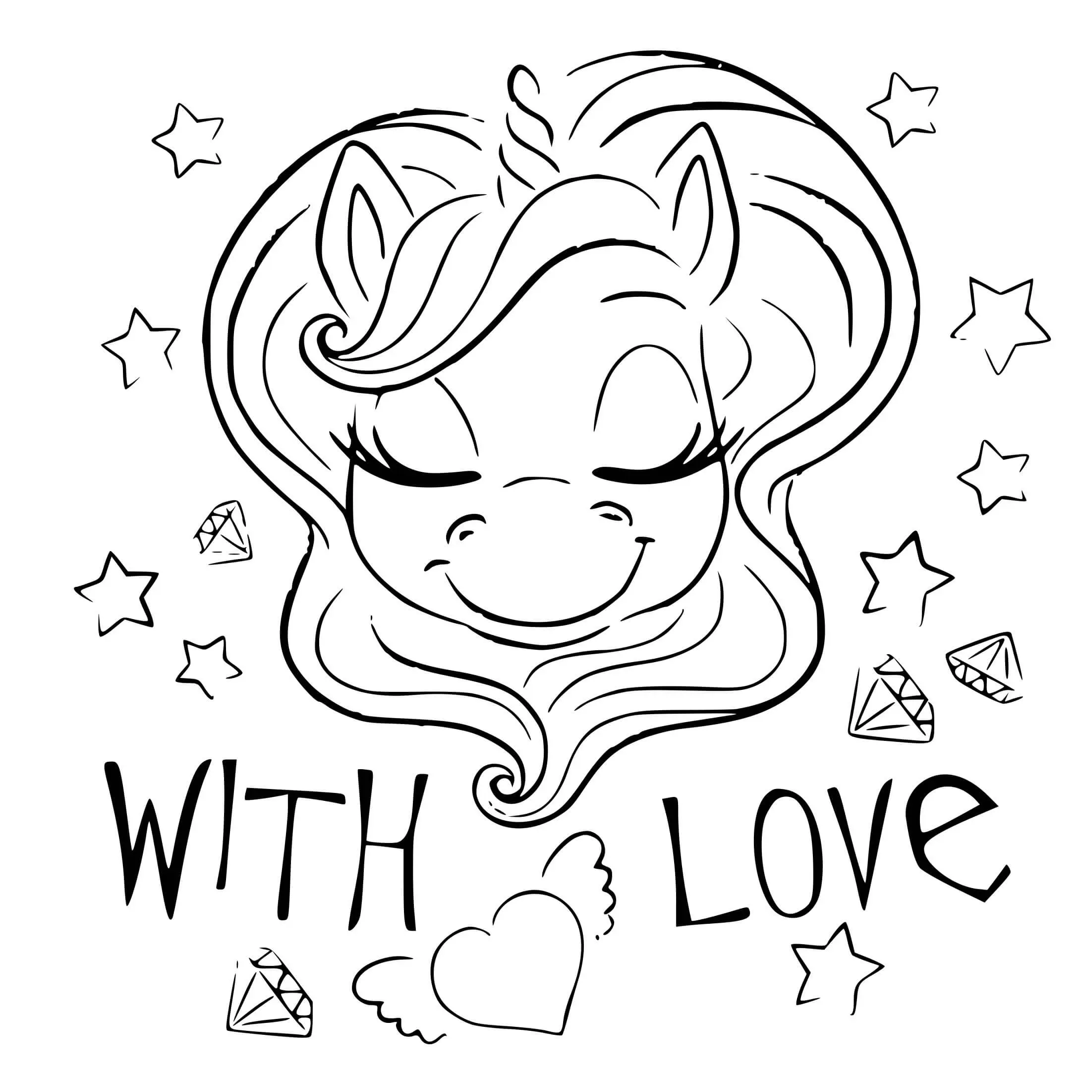 Coloriage Licorne Avec Amour Étoiles Et Diamants - Licorne à imprimer