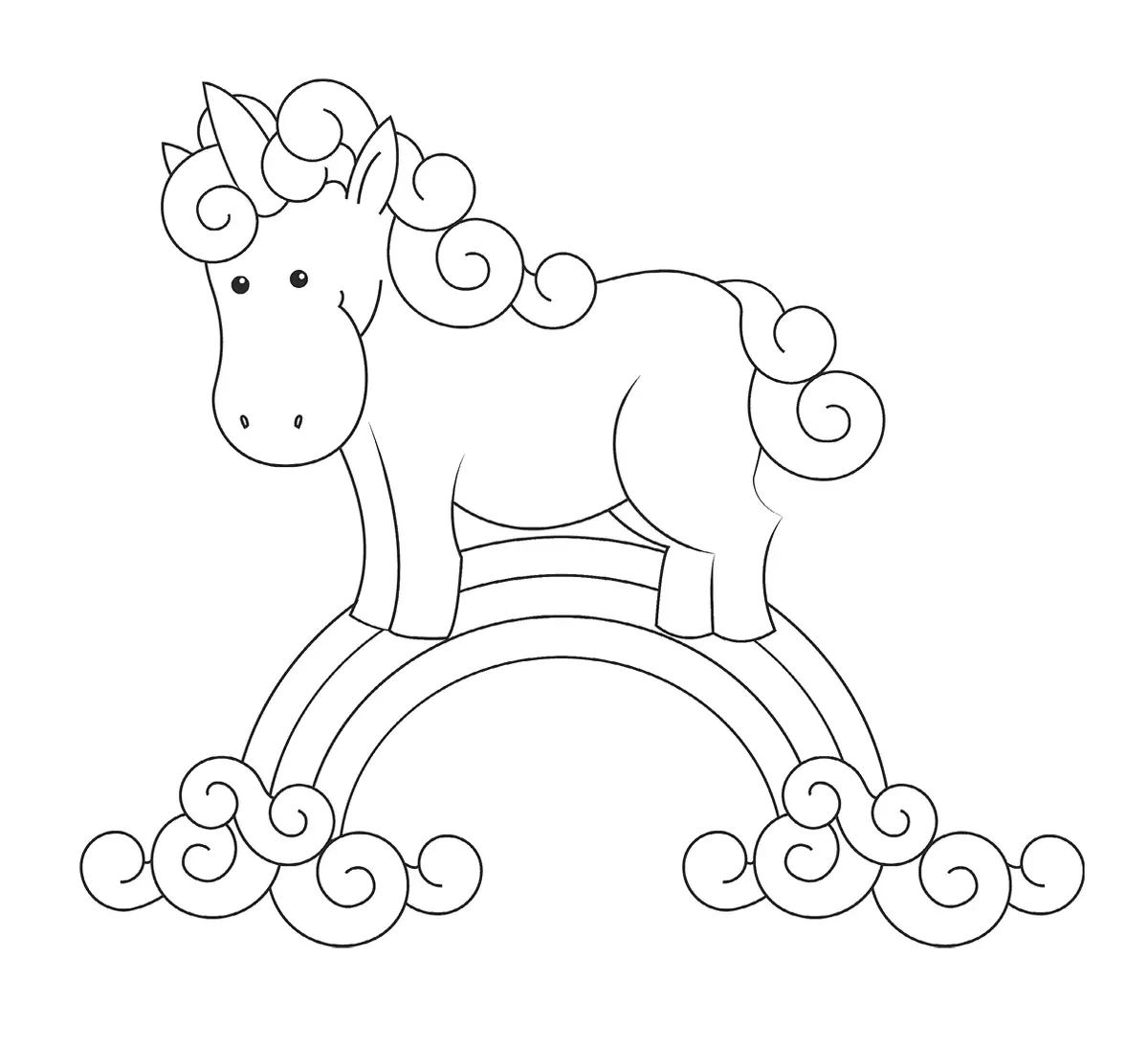 Disegno di Unicorno Magico su un Arcobaleno tra le Nuvole da stampare