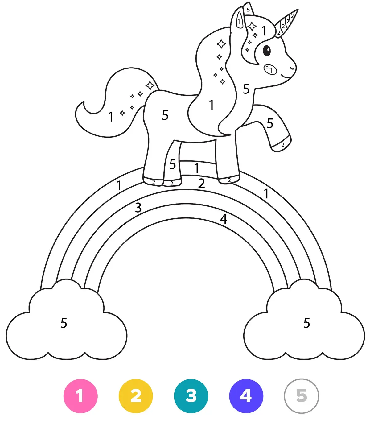 Disegno di Unicorno Magico sull'Arcobaleno per la Scuola dell'Infanzia da stampare