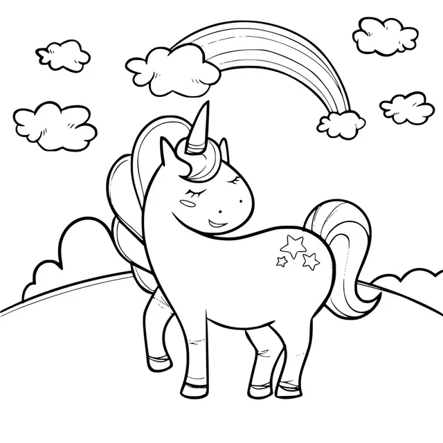 Ausmalbild Majestätisches Kawaii Einhorn mit Regenbogen zum Ausdrucken