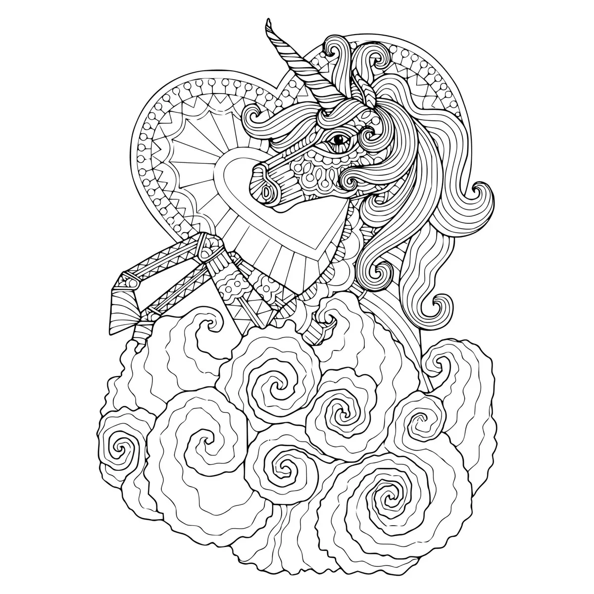 Disegno di Unicorno Mandala Cuore Zentangle per Adulti da stampare
