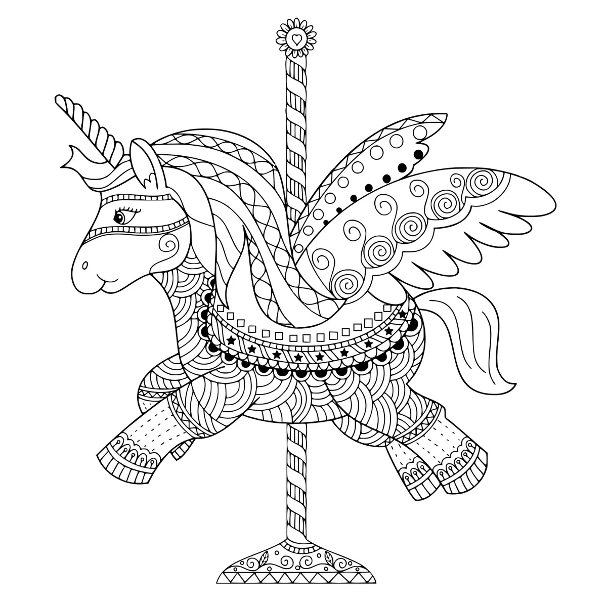 Unicorn Carousel Zentangle for Adults coloring page to print