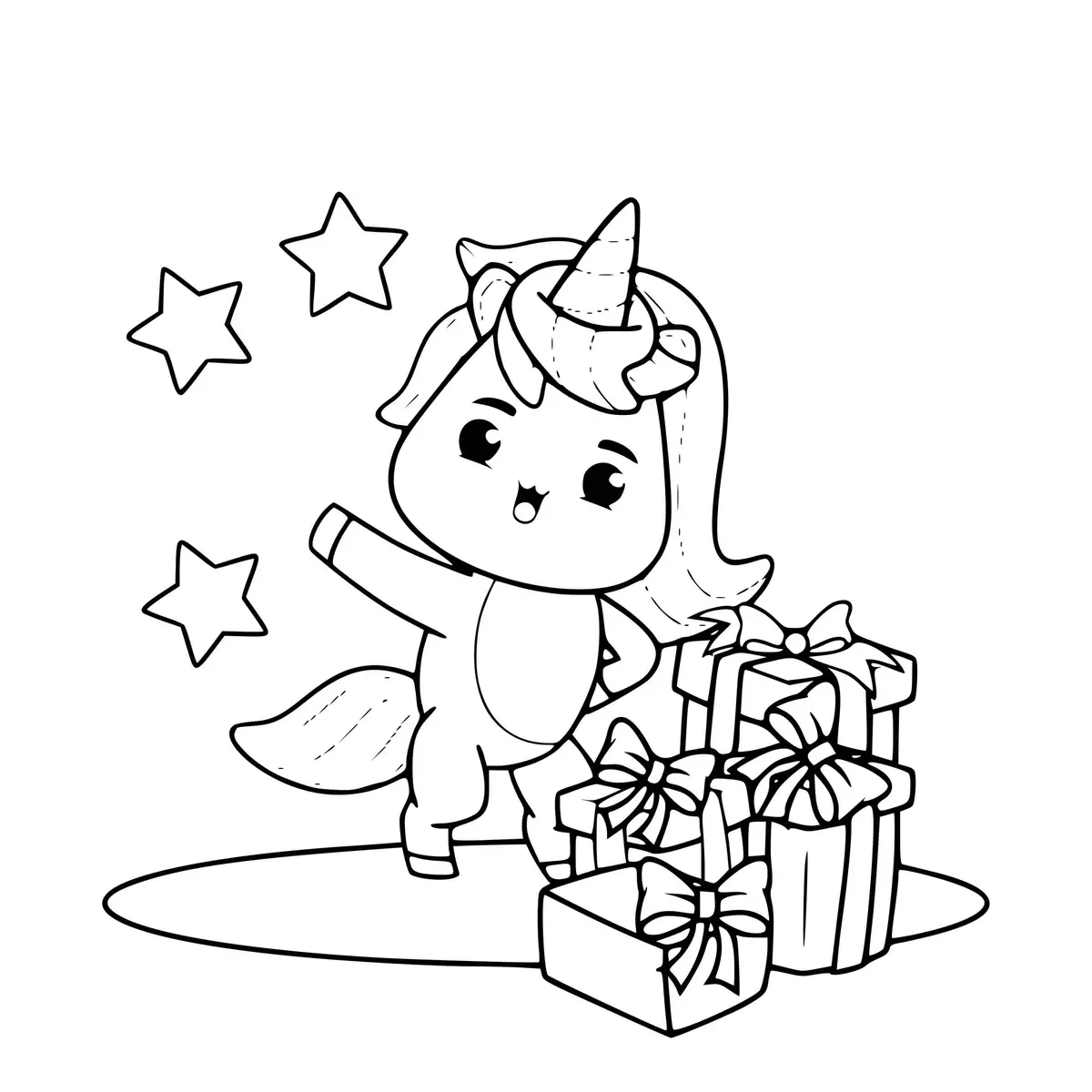 Disegno di Unicorno che riceve regali da stampare