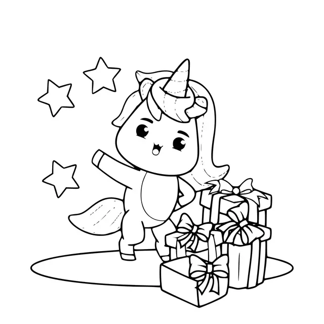 Coloriage Licorne Recoit Des Cadeaux - Licorne à imprimer