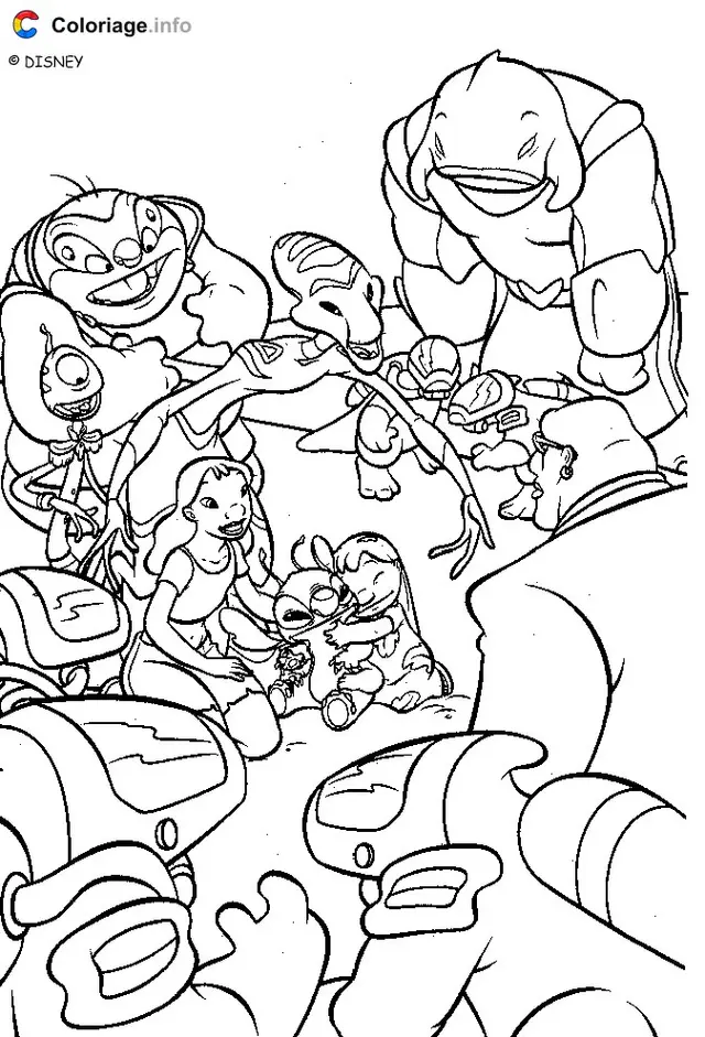 Coloriage Stitch jouant avec Lilo et ses amis - Stitch à imprimer