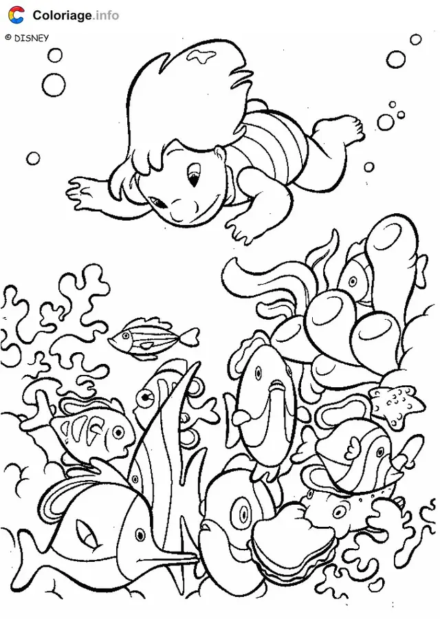 Coloriage Lilo explorant le monde sous-marin - Stitch à imprimer