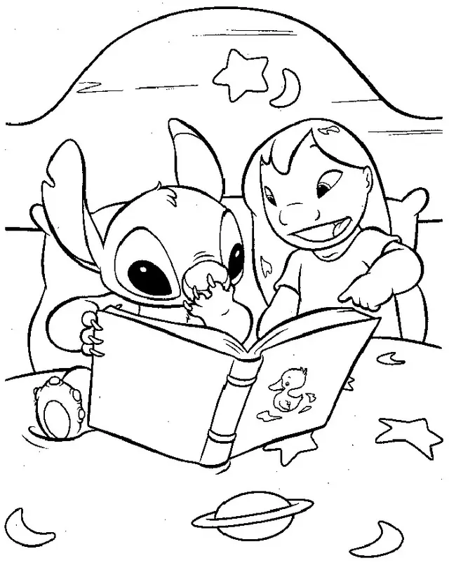 Coloriage Lilo Et Stitch Aiment Faire La Lecture - Stitch à imprimer