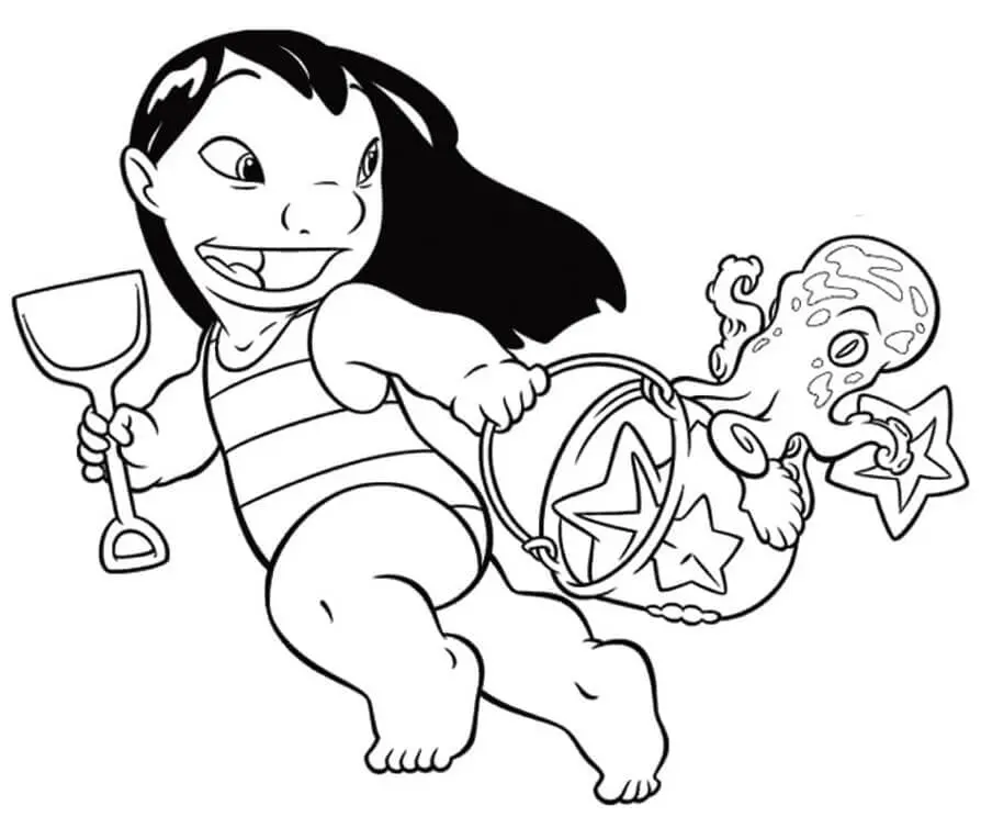 Coloriage Lilo Joue A La Plage Avec Le Sable - Stitch à imprimer