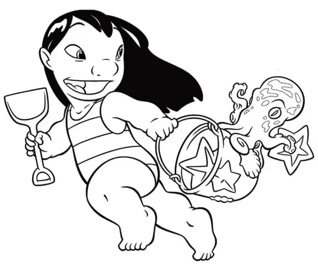Coloriage Lilo Joue A La Plage Avec Le Sable - Stitch à imprimer
