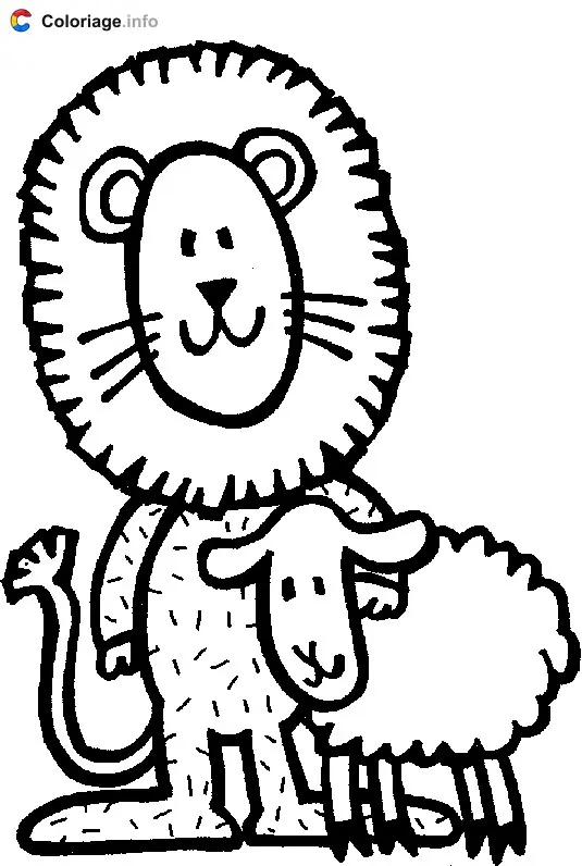 Coloriage Lion avec un mouton - Lion à imprimer