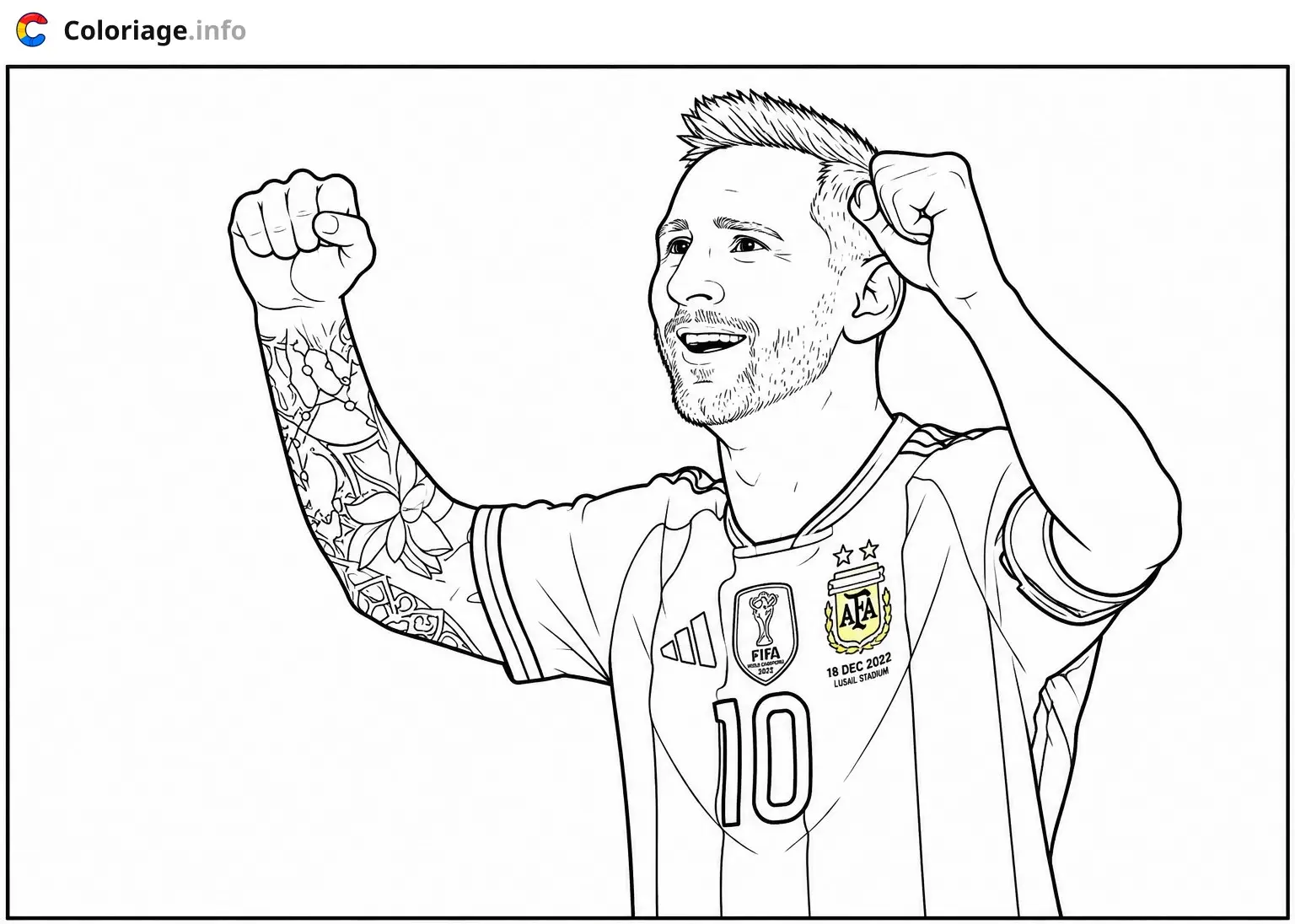 Coloriage Lionel Messi Footballeur célébrant sa victoire Argentine Coupe du Monde - Foot à imprimer