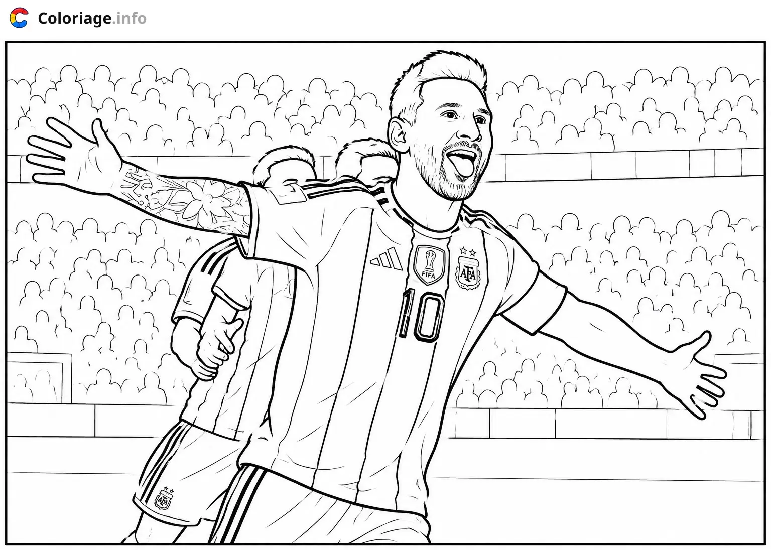 Coloriage Lionel Messi numéro 10 Footballeur Argentin célébrant la victoire - Foot à imprimer