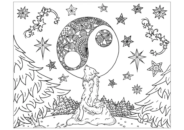 Coloriage Loup Mandala Adulte Lune Et Forêt - Loup à imprimer
