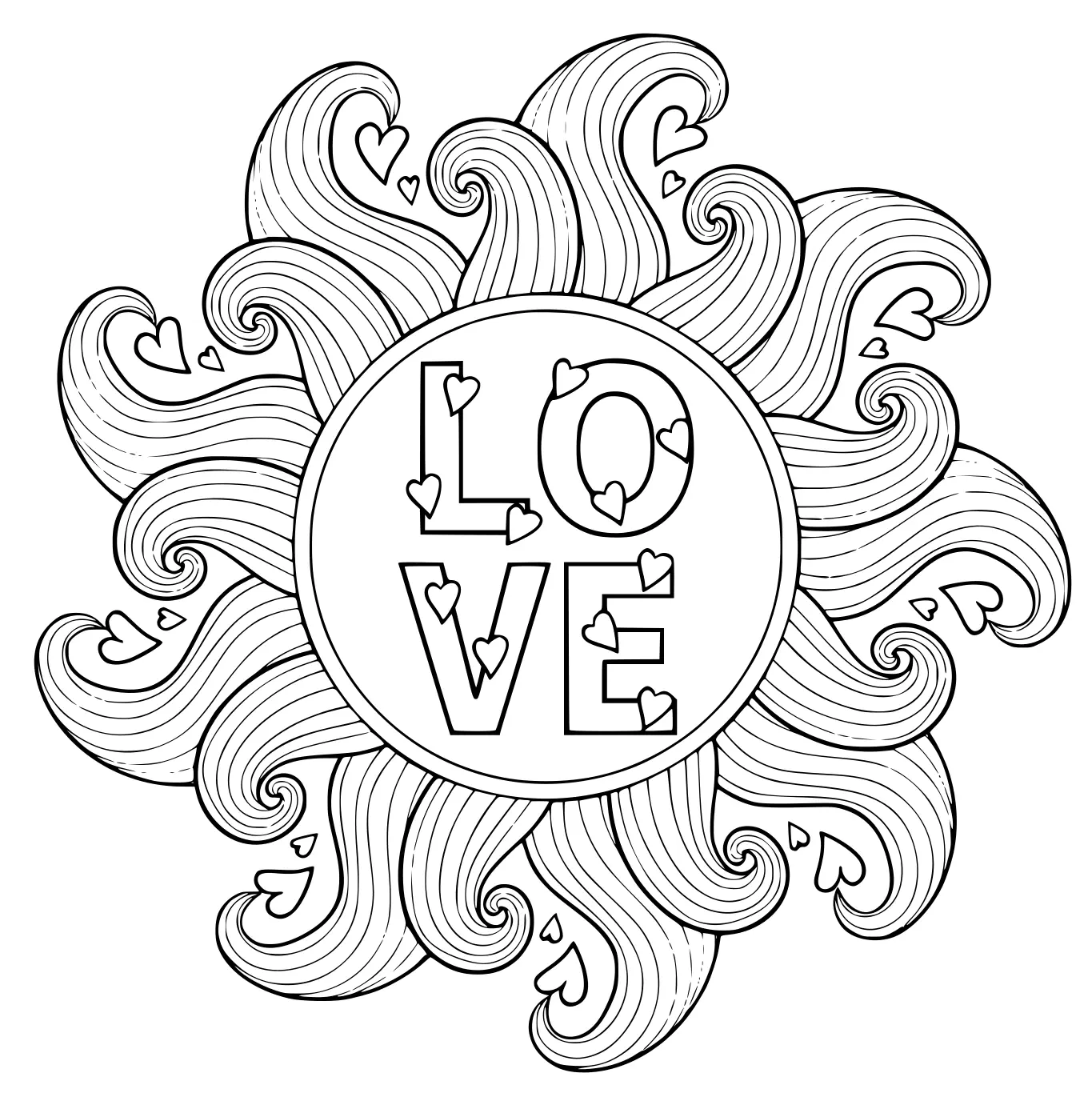 Coloriage Love Mandala Cœur Vagues - Mandala à imprimer