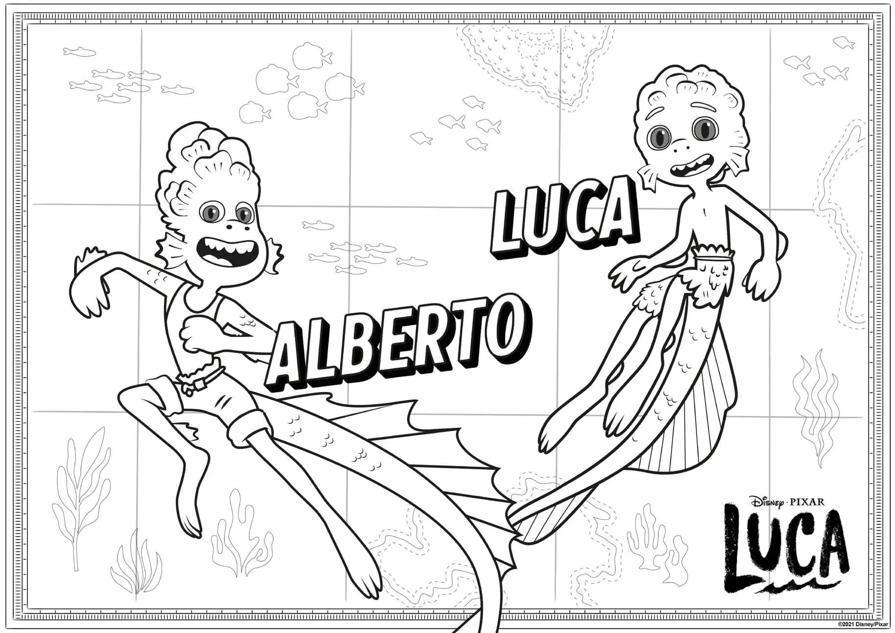 Coloriage Luca Et Alberto En Version Poisson Animal De La Mer - Luca de Disney Pixar à imprimer