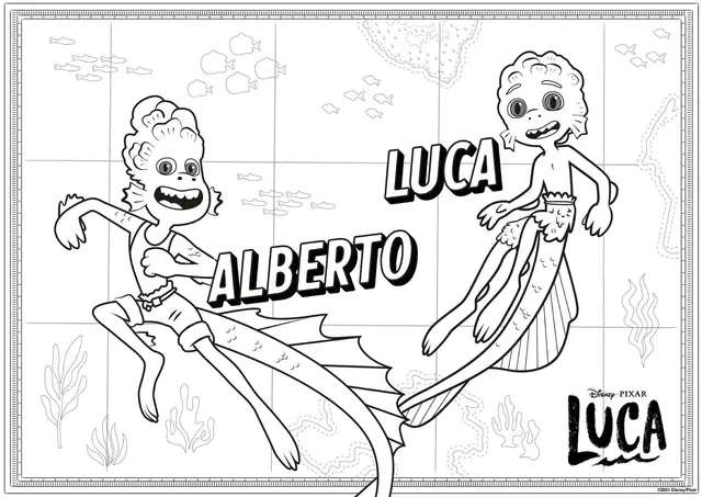 Desenho de Luca e Alberto em Versão Peixe Animal do Mar para colorir
