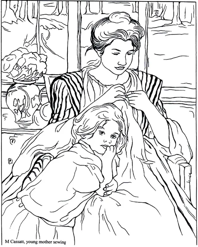 Coloriage M Cassat Jeune Mère Cousant - Art à imprimer
