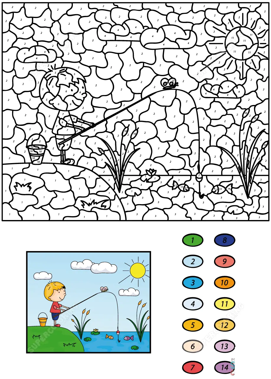 Coloriage Magique CE2 garçon : pêcheur au lac - Magique CE2 à imprimer