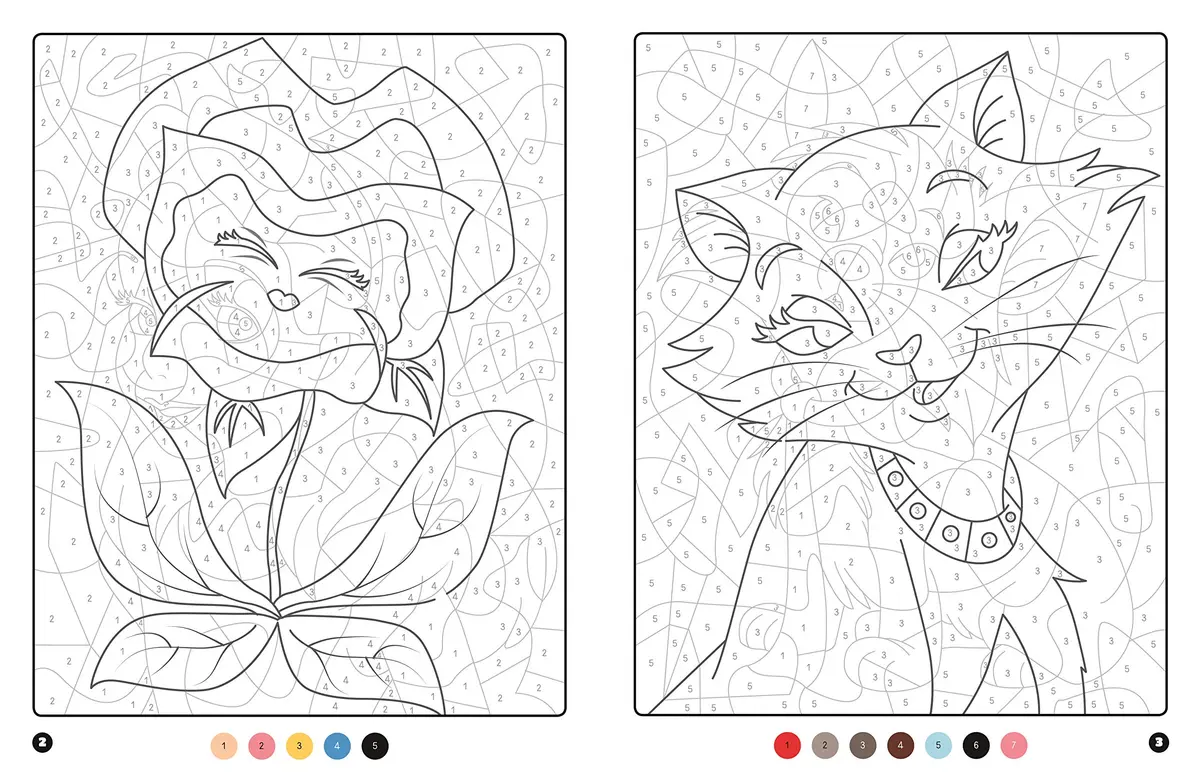 Magical Disney Cat and Plant Color by Number coloring page to print