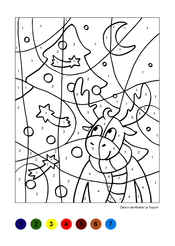 Magical Christmas Tree and Reindeer Color by Number coloring page to print