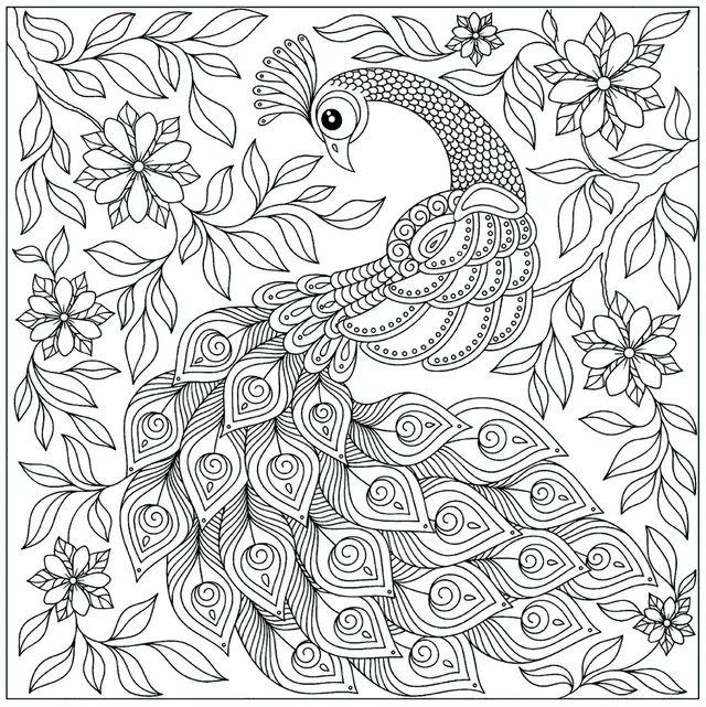 Coloriage Magnifique Paon Avec Des Fleurs - Paon à imprimer