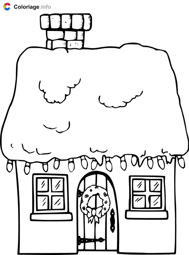 Coloriage Maison de Noël avec neige - Maison à imprimer