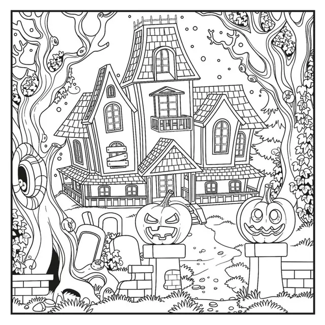Coloriage Maison Hantée Avec Des Citrouilles Epeurantes - Halloween à imprimer