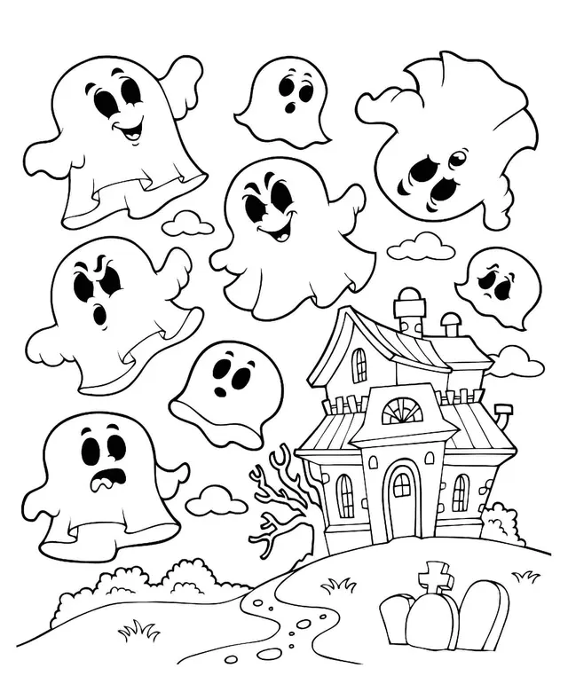 Coloriage Maison Hantée Avec Des Fantômes - Halloween à imprimer