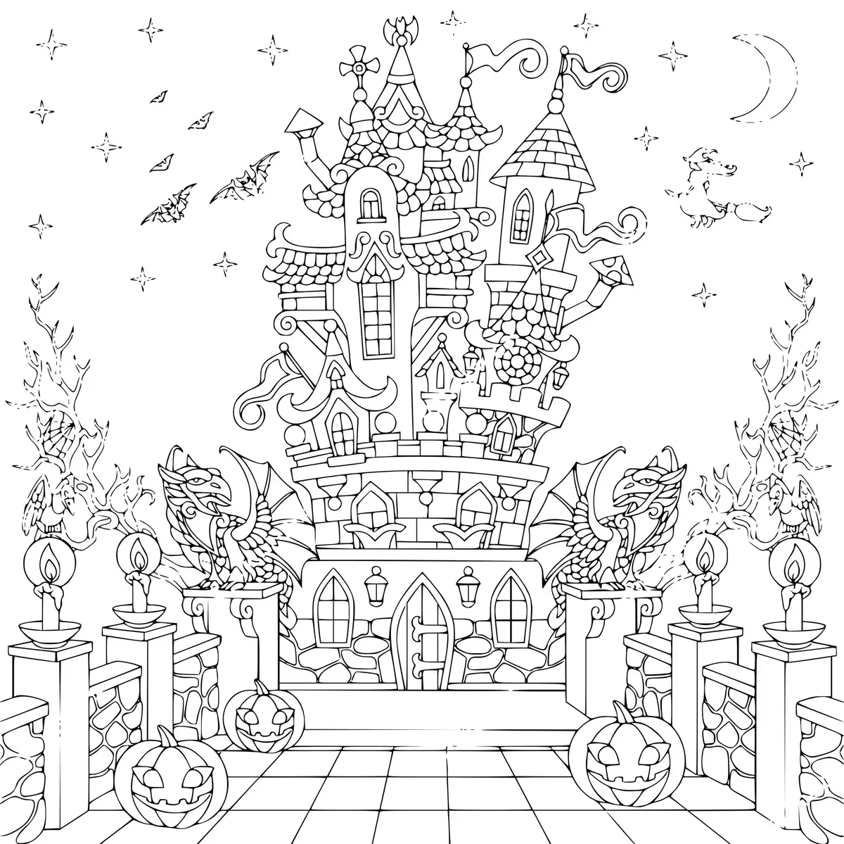 Kleurplaat Spookhuis Kasteel Halloween voor Volwassenen om te printen