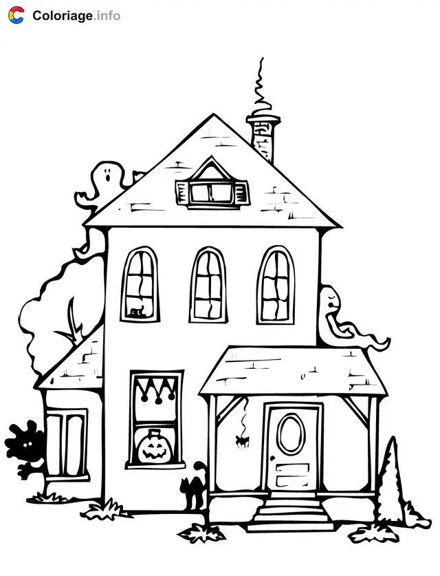 Coloriage Maison hantée Halloween avec fantômes citrouille chat - Maison à imprimer