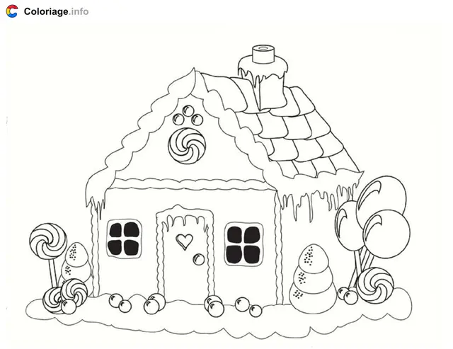 Coloriage Maison pain d'épice Noël neige - Maison à imprimer