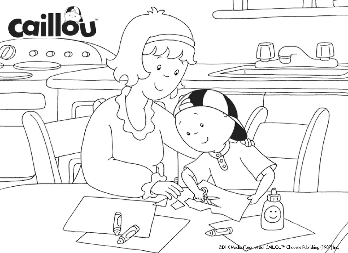 Kleurplaat Mama en Caillou knutselen samen om te printen
