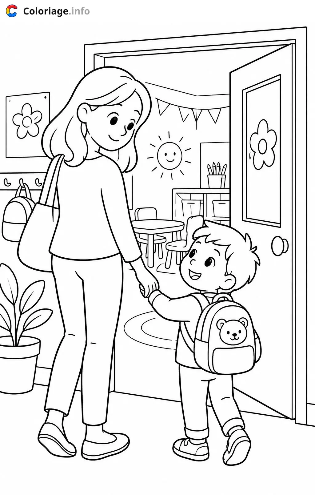 Mom Walking Her Child to School coloring page to print