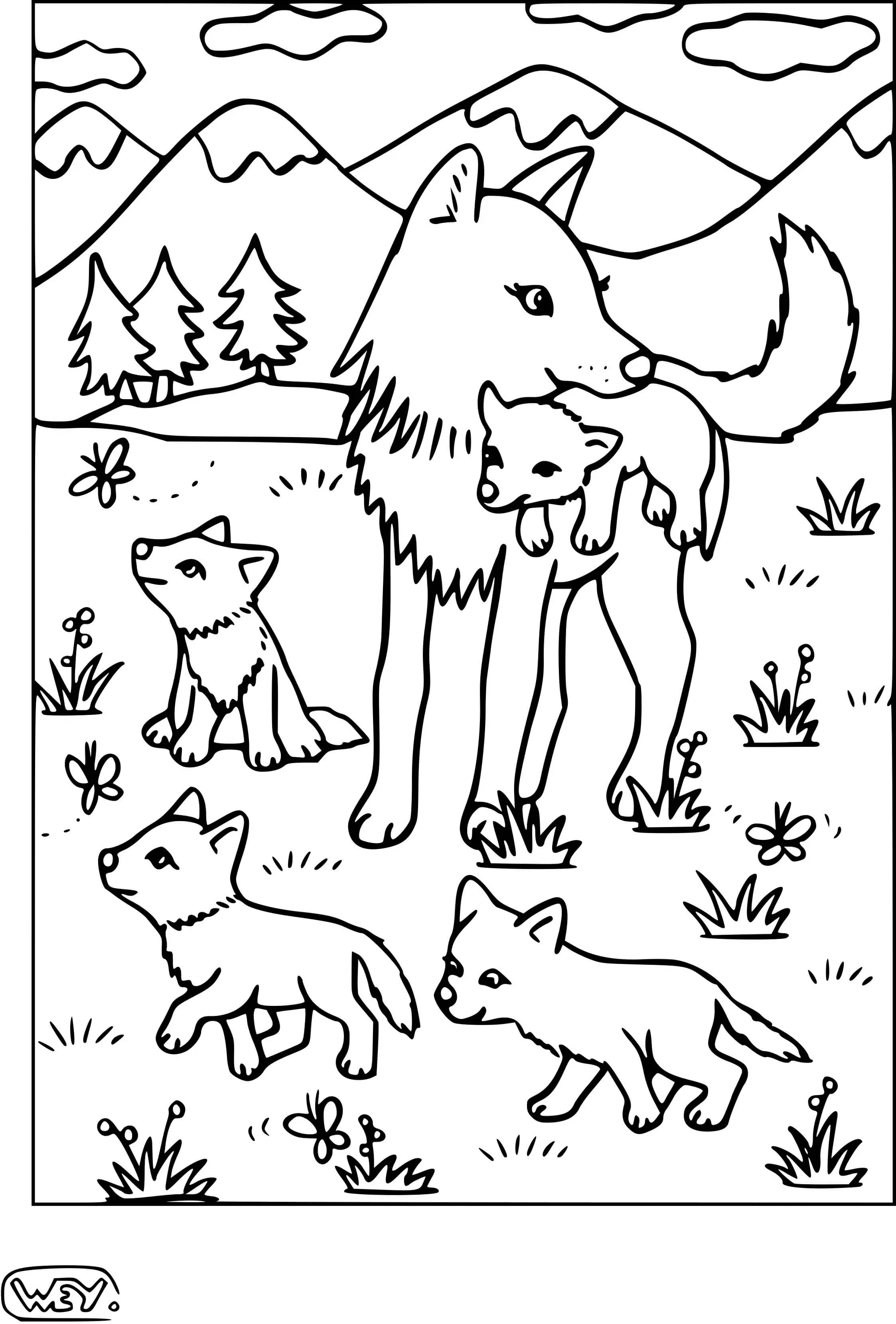 Coloriage Maman Louve Et Ses Louveteaux - Loup à imprimer